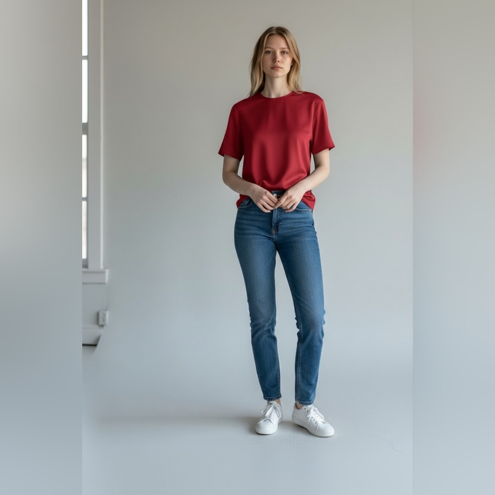 Vintage 90s Christie & Jill 100% Silk Red Blouse Minimalist Short Sleeve L